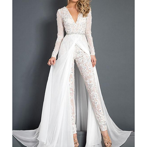 

Jumpsuits Wedding Dresses Plunging Neck Sweep / Brush Train Polyester Long Sleeve Country Plus Size with Sashes / Ribbons Lace Insert Appliques 2021