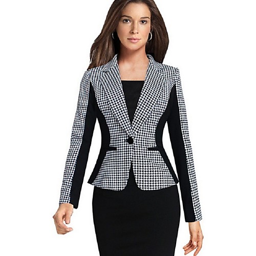 

Women's Blazer, Plaid Notch Lapel Polyester Black