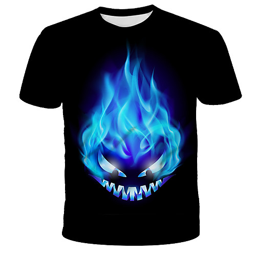 

Men's T shirt Graphic 3D Flame Plus Size Patchwork Print Short Sleeve Daily Tops Basic Streetwear Black