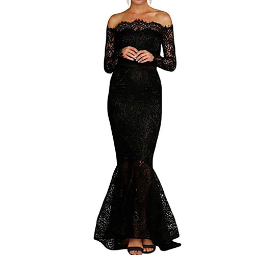 

Mermaid / Trumpet Wedding Dresses Off Shoulder Floor Length Polyester Long Sleeve Formal Plus Size Black with Draping 2021