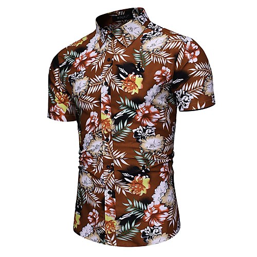 

Men's Shirt Floral Color Block Geometric Print Short Sleeve Party Tops Tropical Blue Camel Navy Blue