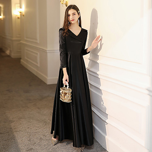 

A-Line Minimalist Party Wear Formal Evening Dress V Neck Long Sleeve Floor Length Satin with Pleats 2021