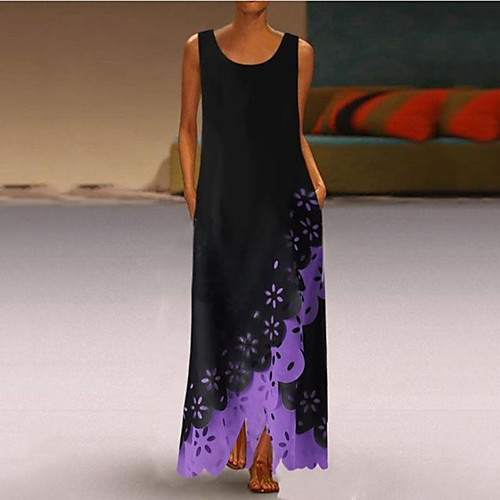 

Women's Maxi Swing Dress - Sleeveless Geometric V Neck White Blue Purple Yellow Blushing Pink S M L XL XXL XXXL