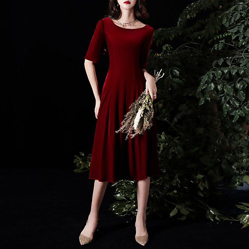

A-Line Minimalist Cocktail Party Prom Valentine's Day Dress Jewel Neck Half Sleeve Knee Length Velvet with Pleats 2021