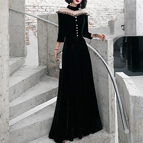 

A-Line Elegant Party Wear Formal Evening Dress High Neck 3/4 Length Sleeve Floor Length Polyester with Beading 2021