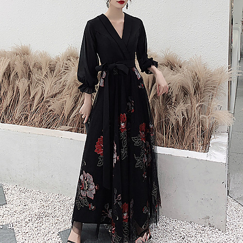

A-Line Floral Prom Formal Evening Dress V Neck 3/4 Length Sleeve Floor Length Spandex Tulle with Sash / Ribbon Embroidery 2021