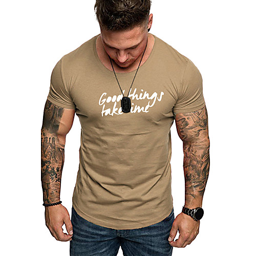 

Men's Solid Colored Letter Black & White Print Slim T-shirt - Cotton Business Basic Daily Sports Round Neck Black / Khaki / Short Sleeve