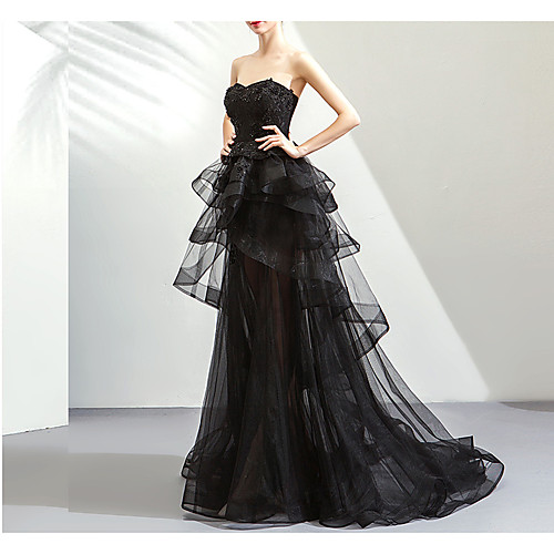 

Ball Gown Hot Prom Formal Evening Dress Strapless Sleeveless Sweep / Brush Train Lace Tulle with Tier 2021
