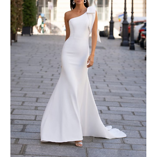 

Mermaid / Trumpet Wedding Dresses One Shoulder Sweep / Brush Train Polyester Sleeveless Country Plus Size with Bow(s) Draping 2020