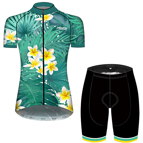 

21Grams Women's Short Sleeve Cycling Jersey with Shorts Spandex Polyester Green / Yellow Leaf Floral Botanical Bike Clothing Suit Breathable 3D Pad Quick Dry Ultraviolet Resistant Sweat-wicking Sports