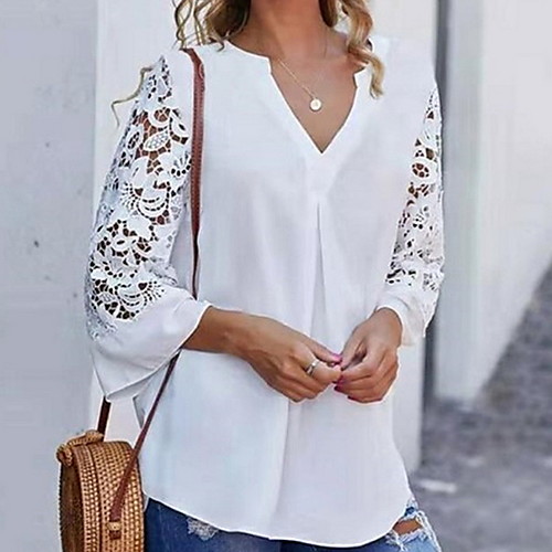 

Women's Solid Colored Blouse Daily V Neck Wine / White / Black / Blue