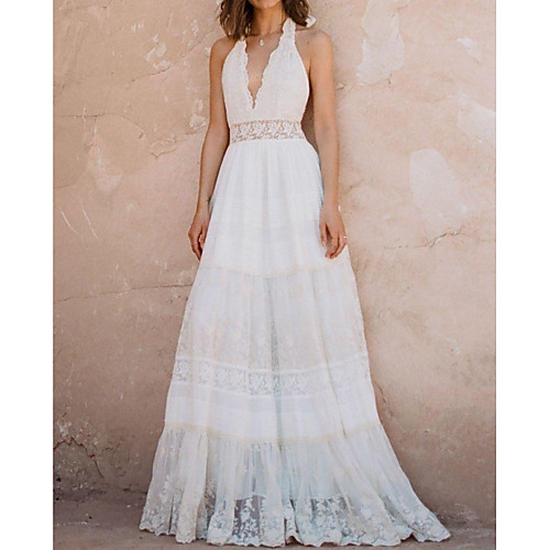 

A-Line Wedding Dresses Halter Neck Sweep / Brush Train Polyester Sleeveless Country Plus Size with Lace Insert Appliques 2021