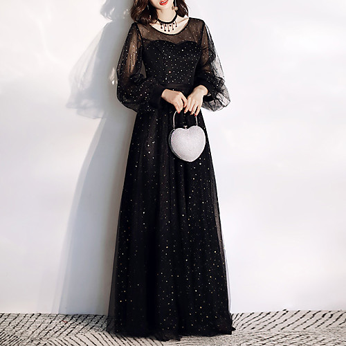 

A-Line Glittering Wedding Guest Formal Evening Dress Jewel Neck Long Sleeve Floor Length Tulle with Sequin 2021
