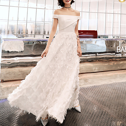 

A-Line White Elegant Prom Formal Evening Dress Off Shoulder Short Sleeve Floor Length Polyester with Ruched 2021