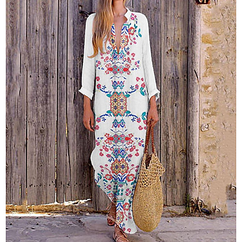 

Women's Loose Maxi long Dress White Blue Wine Orange Green Long Sleeve Floral Print Spring & Summer V Neck S M L XL XXL 3XL
