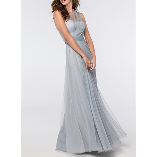 

A-Line Elegant Engagement Prom Dress One Shoulder Sleeveless Floor Length Tulle with Pleats 2021