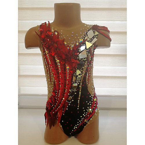 

21Grams Rhythmic Gymnastics Leotards Artistic Gymnastics Leotards Women's Girls' Leotard Red Spandex High Elasticity Breathable Handmade Jeweled Diamond Look Sleeveless Training Dance Rhythmic