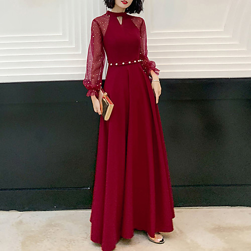 

A-Line Hot Red Prom Formal Evening Dress Jewel Neck Long Sleeve Floor Length Spandex with Beading Sequin 2020