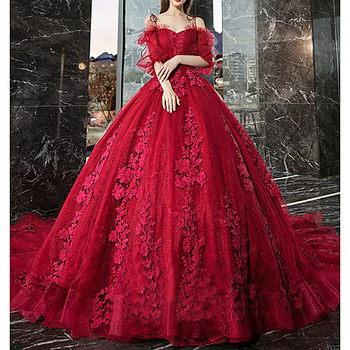 

Ball Gown Wedding Dresses Off Shoulder Watteau Train Lace Tulle Half Sleeve Formal Romantic Glamorous Plus Size Red with Lace Lace Insert Appliques 2021