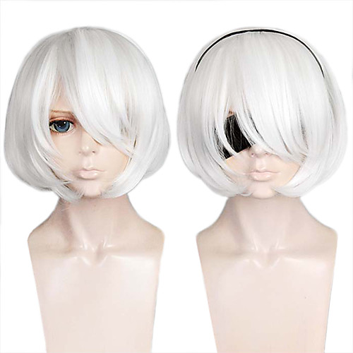 

NieR:Automata 2B Cosplay Wigs Women's Bob 12 inch Heat Resistant Fiber kinky Straight White Adults' Anime Wig