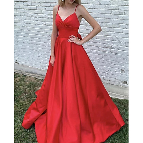 

A-Line Elegant Engagement Formal Evening Dress V Neck Sleeveless Sweep / Brush Train Stretch Satin with Bow(s) Pleats 2021