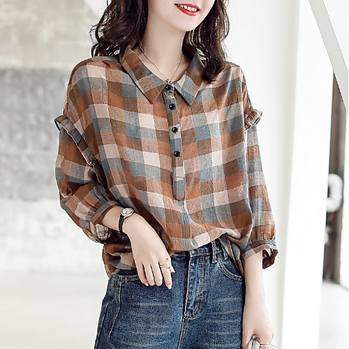 

Women's Plaid Blouse Daily Shirt Collar Brown