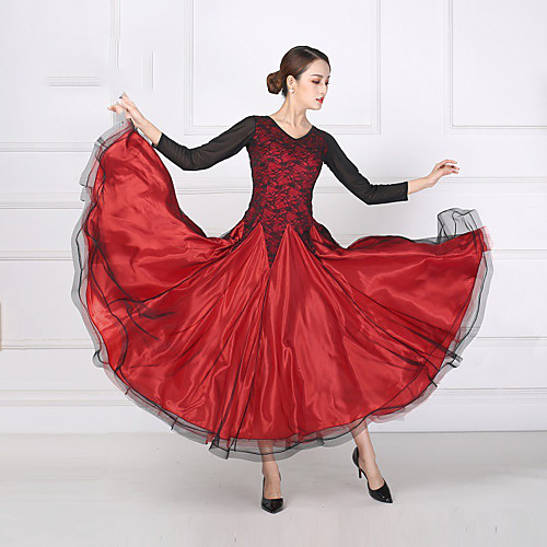 

Ballroom Dance Dress Split Joint Women's Training Performance Long Sleeve Mesh Lace