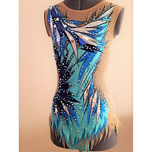 

21Grams Rhythmic Gymnastics Leotards Artistic Gymnastics Leotards Women's Girls' Leotard Blue Spandex High Elasticity Breathable Handmade Jeweled Diamond Look Sleeveless Training Dance Rhythmic