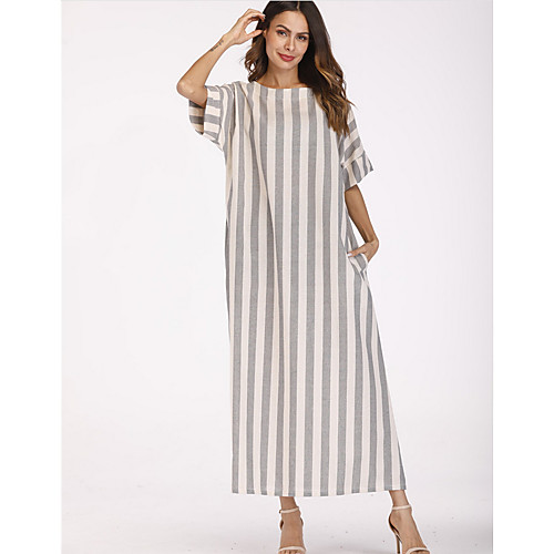 

Women's Shift Dress Maxi long Dress Gray Short Sleeve Striped Round Neck M L XL XXL 3XL 4XL 5XL