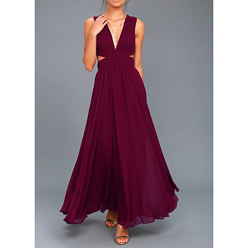 

A-Line Sexy Engagement Prom Dress V Neck Sleeveless Floor Length Chiffon with Pleats 2021