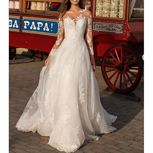 

A-Line Wedding Dresses Jewel Neck Floor Length Polyester Long Sleeve Formal Boho Plus Size Illusion Sleeve with Draping Appliques 2021
