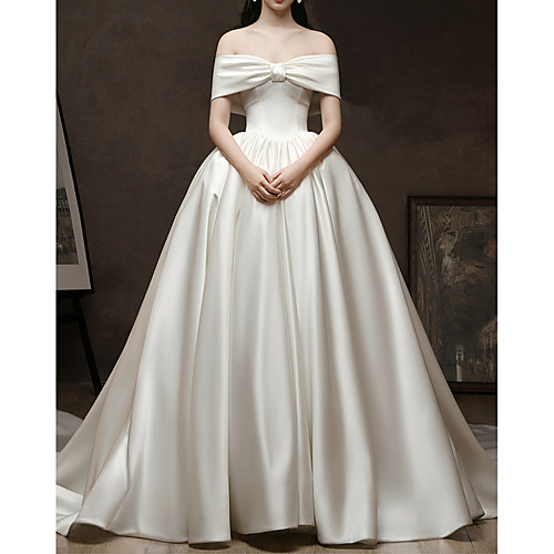 

Ball Gown Wedding Dresses Off Shoulder Watteau Train Satin Short Sleeve Simple Elegant with 2021