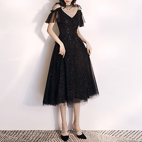 

A-Line Sparkle Party Wear Cocktail Party Dress V Neck Short Sleeve Tea Length Tulle with Sequin 2021