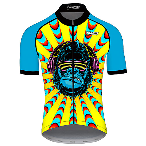 

21Grams Men's Short Sleeve Cycling Jersey BlueYellow Patchwork Animal Monkey Bike Jersey Top Mountain Bike MTB Road Bike Cycling UV Resistant Breathable Quick Dry Sports Clothing Apparel / Stretchy