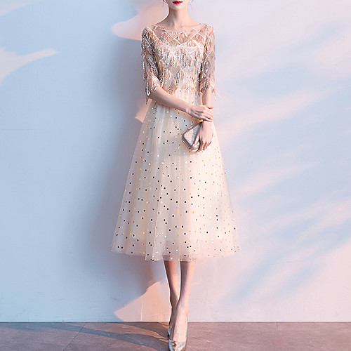 

A-Line Glittering Elegant Graduation Prom Dress Jewel Neck Half Sleeve Tea Length Tulle Sequined with Sequin Tassel 2021