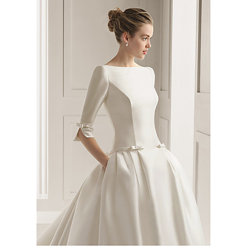

A-Line Wedding Dresses Bateau Neck Court Train Polyester Half Sleeve Sexy Plus Size with 2021