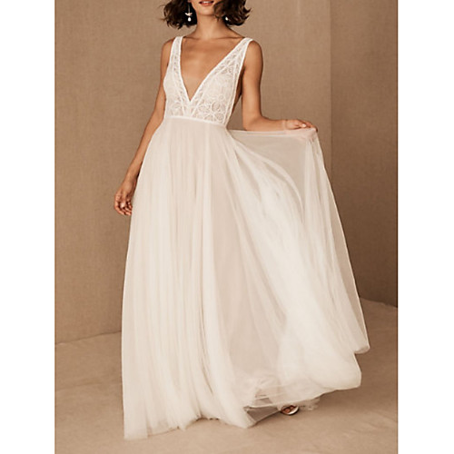 

A-Line Wedding Dresses V Neck Floor Length Tulle Polyester Sleeveless Casual Boho Plus Size with Draping 2021