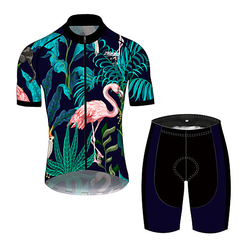 

21Grams Men's Short Sleeve Cycling Jersey with Shorts Spandex Polyester PinkGreen Flamingo Animal Floral Botanical Bike Clothing Suit UV Resistant Breathable 3D Pad Quick Dry Sweat-wicking Sports