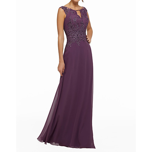 

Sheath / Column Elegant Purple Wedding Guest Formal Evening Dress Jewel Neck Sleeveless Floor Length Chiffon with Beading Appliques 2020