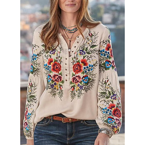 

Women's Blouse Shirt Floral Flower Long Sleeve V Neck Tops Basic Top Blue Yellow Blushing Pink