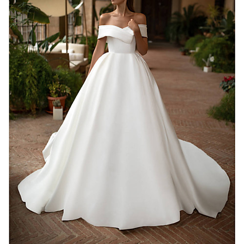 

A-Line Wedding Dresses Off Shoulder Court Train Polyester Sleeveless Casual Plus Size with Draping 2021
