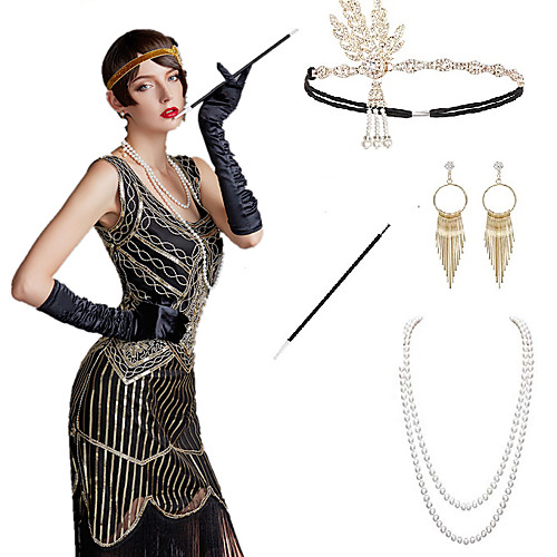 

The Great Gatsby Charleston 1920s The Great Gatsby Roaring 20s Costume Accessory Sets Gloves Flapper Headband Women's Tassel Costume Head Jewelry Earrings Pearl Necklace Black / Golden / BlackSliver