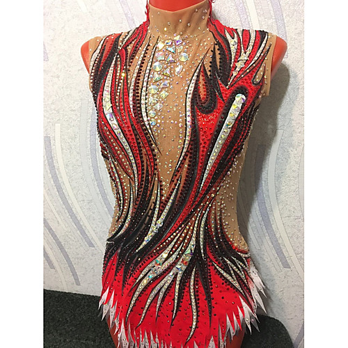 

21Grams Rhythmic Gymnastics Leotards Artistic Gymnastics Leotards Women's Girls' Leotard Red Spandex High Elasticity Breathable Handmade Jeweled Diamond Look Sleeveless Training Dance Rhythmic