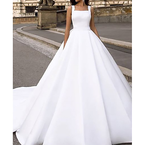 

Ball Gown Wedding Dresses Square Neck Court Train Chiffon Over Satin Cap Sleeve Country with Bow(s) Draping 2021