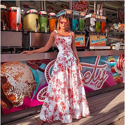 

Women's Maxi Swing Dress - Sleeveless Print Strap White S M L XL