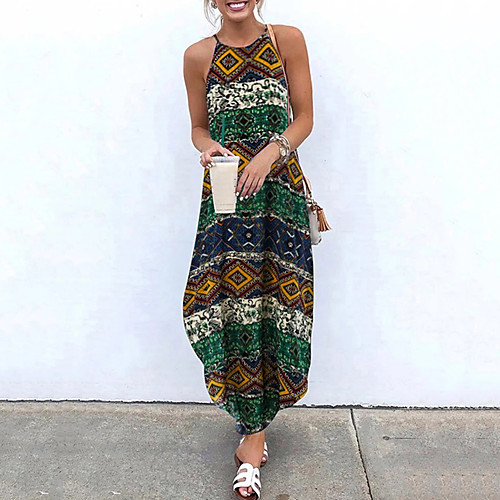 

Women's Maxi Loose Dress - Sleeveless Floral Print Asymetric Hem Summer Strap Holiday Vacation Loose Wine Yellow Green M L XL XXL XXXL