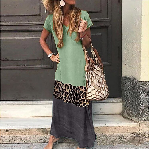 

Women's Shift Dress Maxi long Dress - Short Sleeves Leopard Color Block Summer V Neck Casual Vacation Holiday 2020 Black Orange Green Gray S M L XL XXL XXXL XXXXL XXXXXL