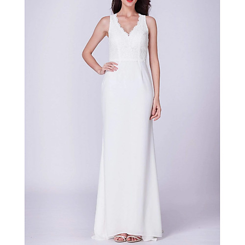 

Sheath / Column Minimalist White Engagement Formal Evening Dress Jewel Neck Sleeveless Sweep / Brush Train Polyester with Draping 2021