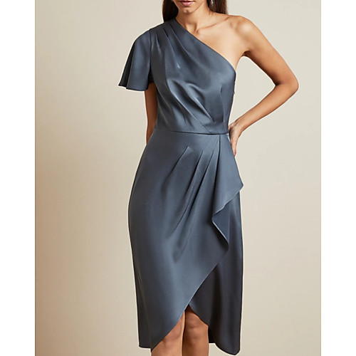 

Sheath / Column Mother of the Bride Dress Elegant One Shoulder Knee Length Charmeuse Sleeveless with Ruching 2021