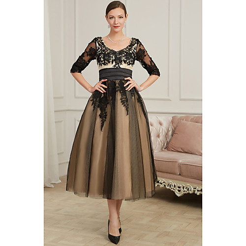 

A-Line Sexy Cocktail Party Prom Dress V Neck 3/4 Length Sleeve Ankle Length Polyester with Appliques 2021